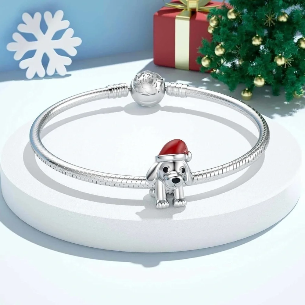 Sterling silver Dog puppy Christmas hat charm for Pandora bracelet or necklace